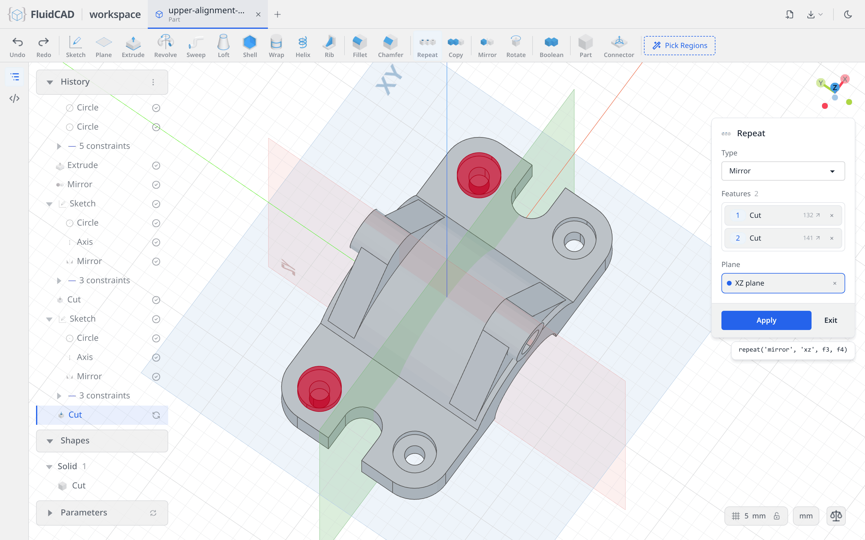 Repeat mirroring both cuts across the XZ plane