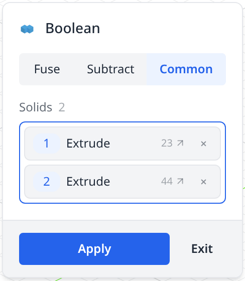 The Boolean dialog on the Common tab with two solids picked