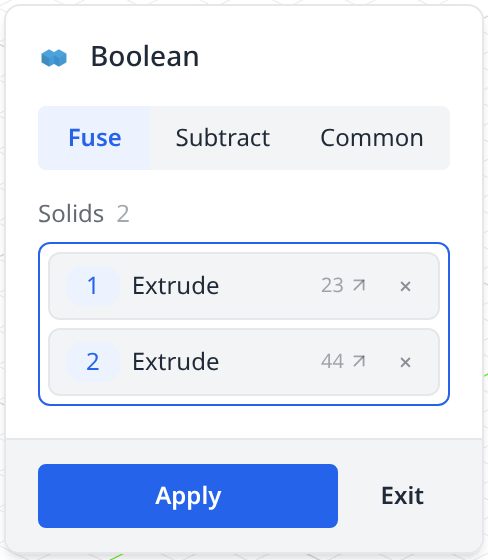 The Boolean dialog on the Fuse tab with two solids picked