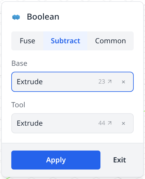 The Boolean dialog on the Subtract tab with a base and a tool picked