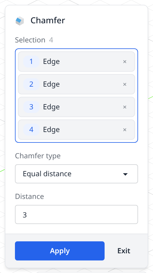 The Chamfer panel with four edges picked and a distance of 3
