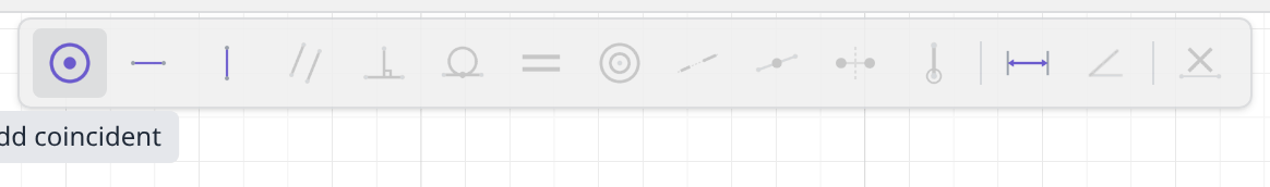 The constraint bar with two line ends picked and the Coincident button highlighted