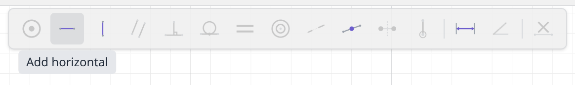 The constraint bar with three circle centers picked and the Horizontal button highlighted