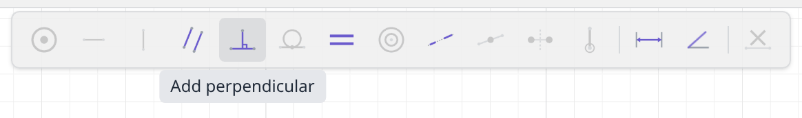 The constraint bar with two lines picked and the Perpendicular button highlighted
