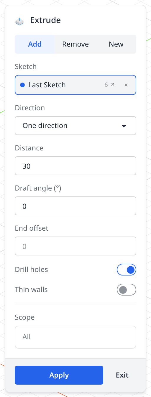 The Extrude dialog on the Add tab with a sketch picked and a distance of 30