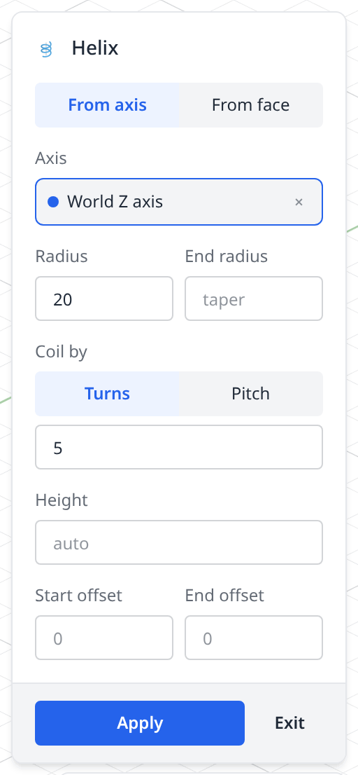 The Helix dialog with the world Z axis, a radius, a pitch and a turn count
