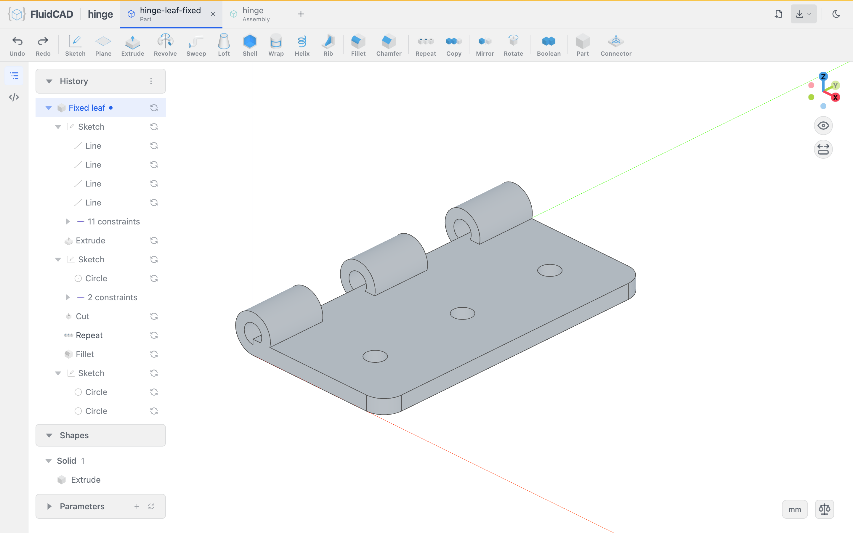FluidCAD with a hinge leaf open: top bar, toolbar, panels and viewport