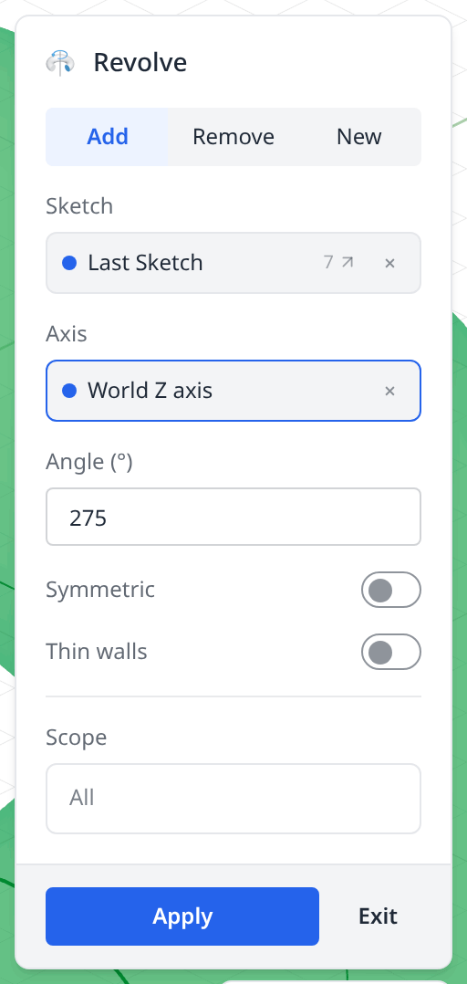 The Revolve dialog with a profile picked, the world Z axis and an angle of 275°