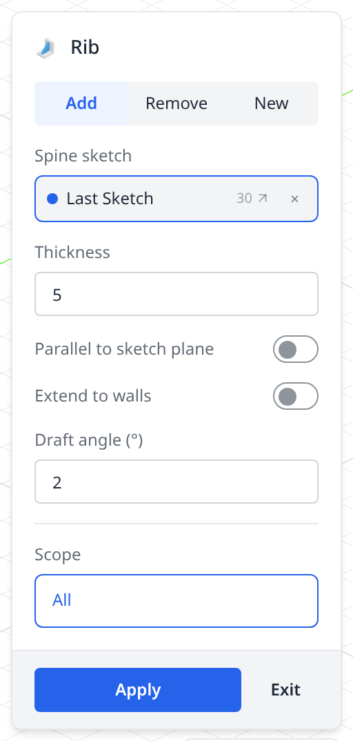 The Rib dialog with a spine sketch, a thickness of 5 and a 2° draft