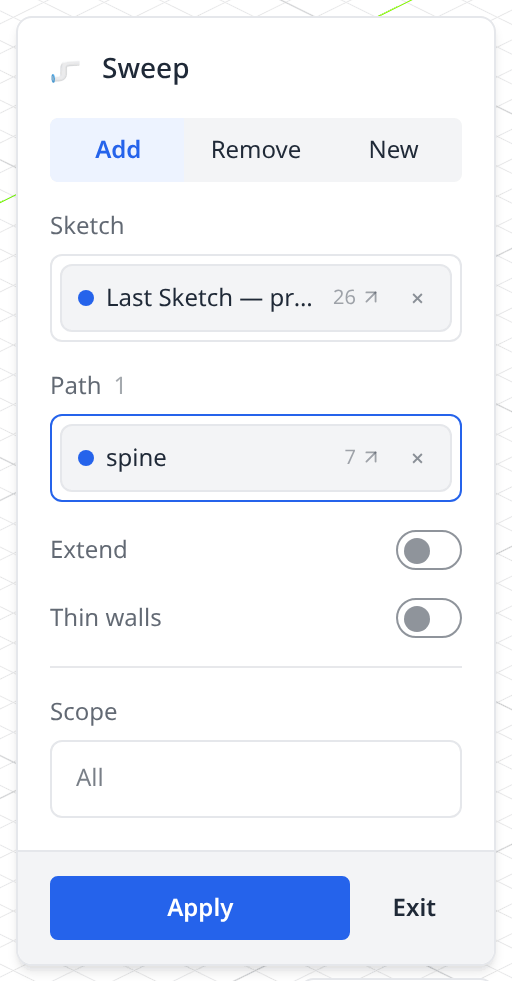 The Sweep dialog with a profile sketch and a path sketch picked