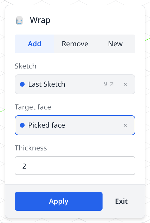 The Wrap dialog with a sketch, a picked cylindrical face and a thickness of 2